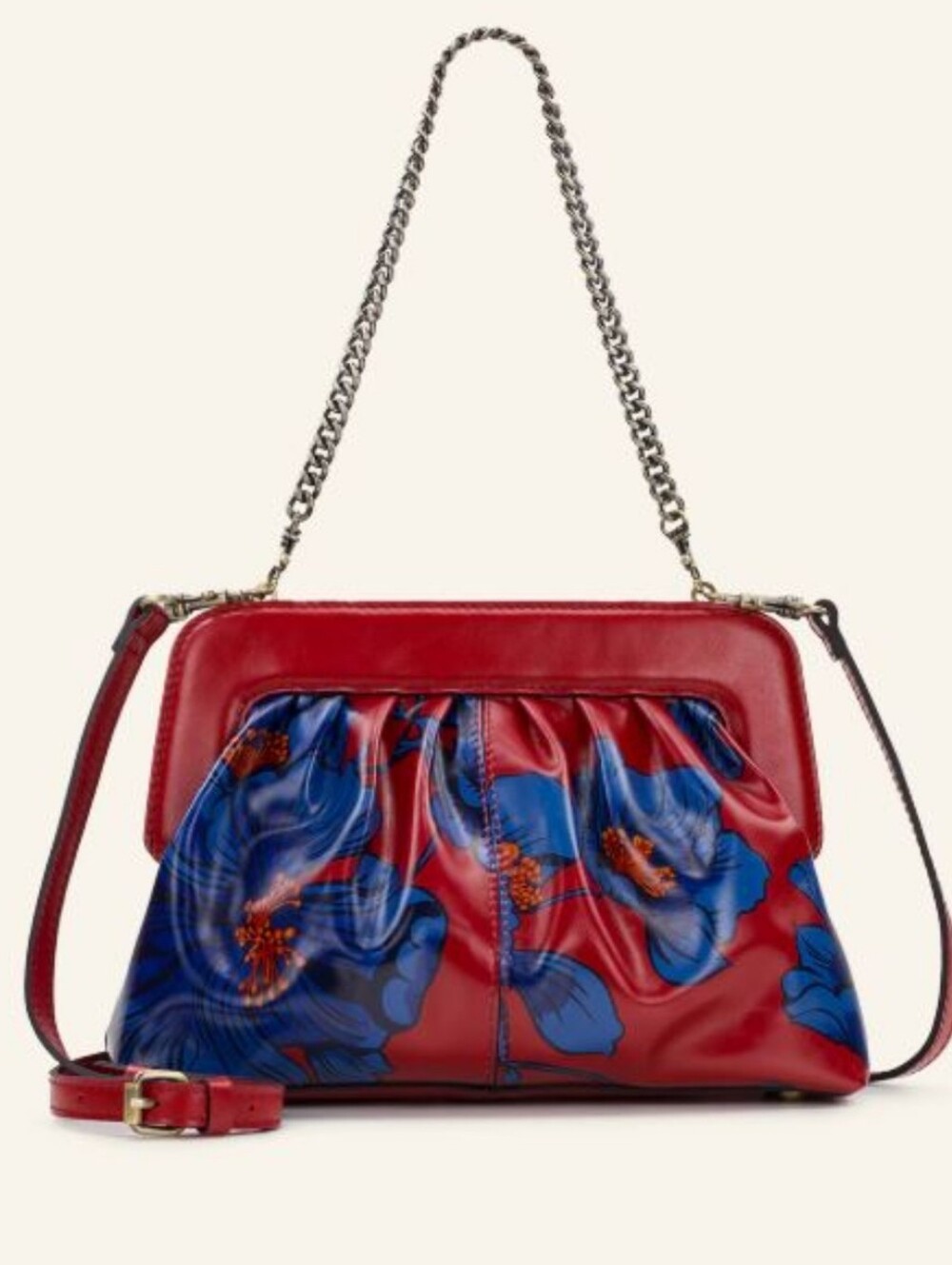 Patricua Nash Red Blue Leather Zelia Framed Clutch With brushed brass Handle Bag